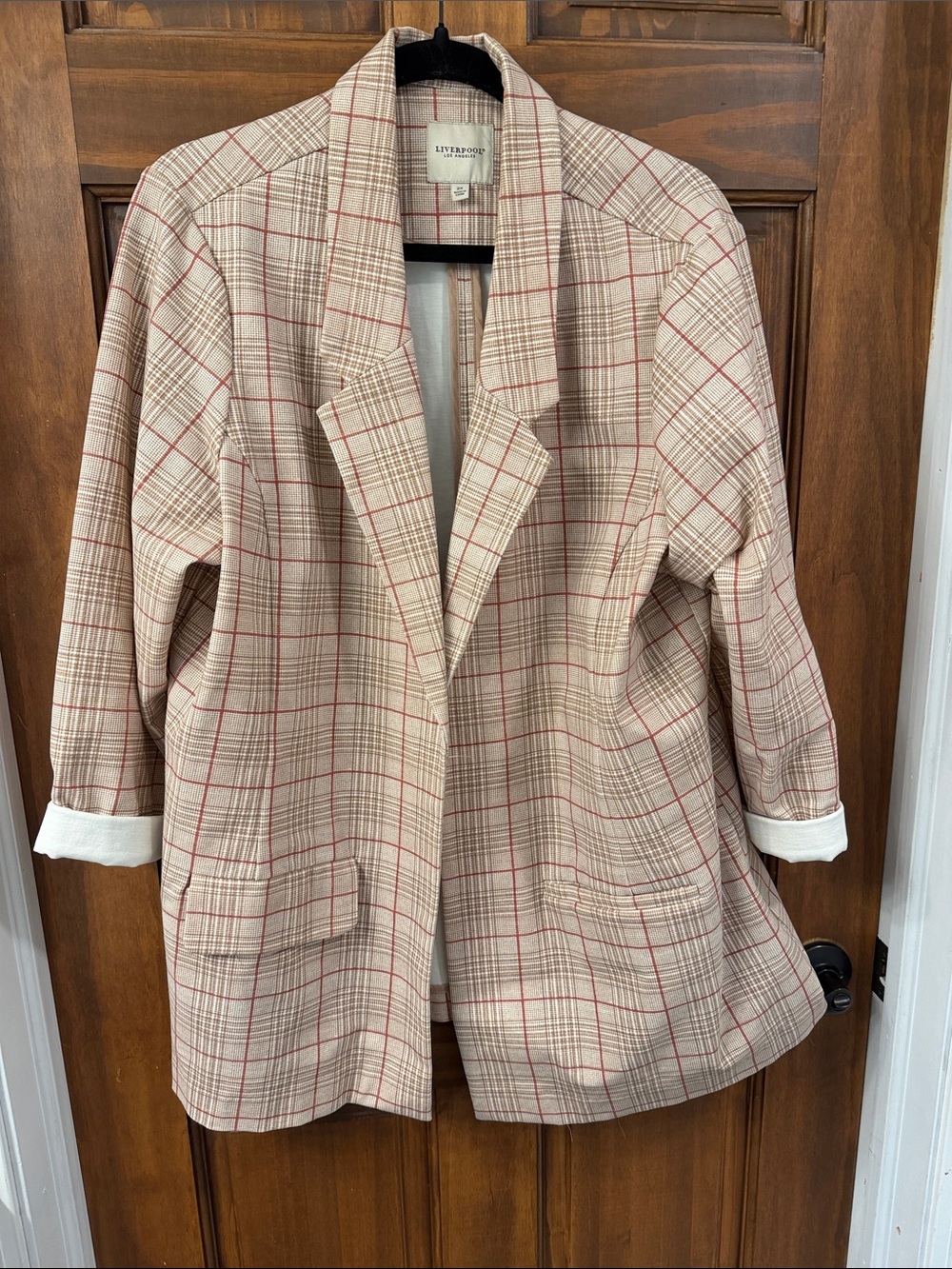 Liverpool Beige Plaid Open-Front Blazer with Red Windowpane